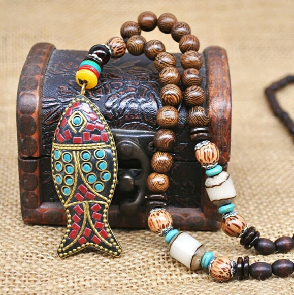 Jewelry - Wood Beaded Fish Necklace